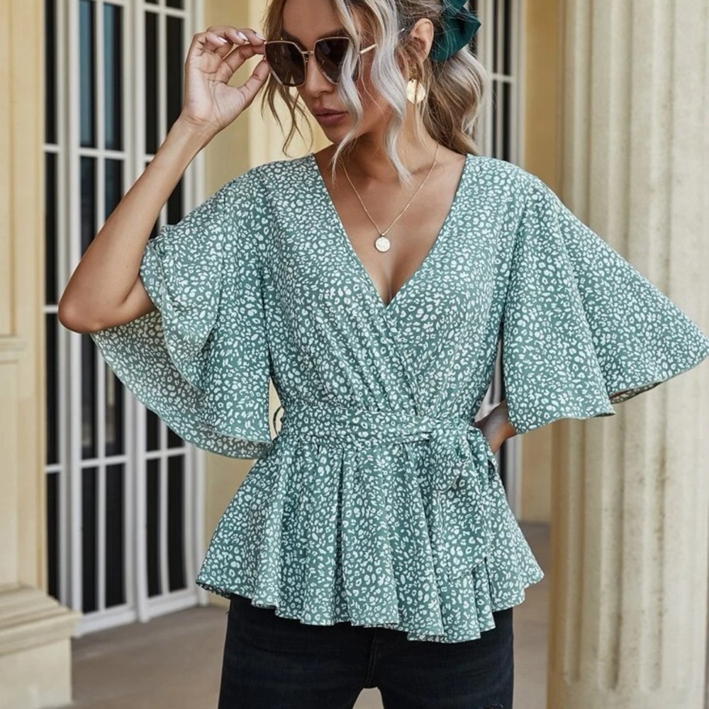 Dalmatian Print Ruffle Hem Belted Blouse